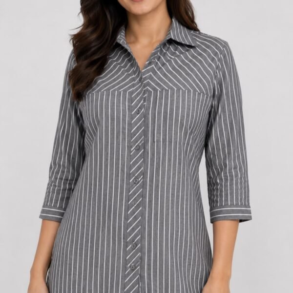 Classic Grey Striped Button-Down Tunic Shirt