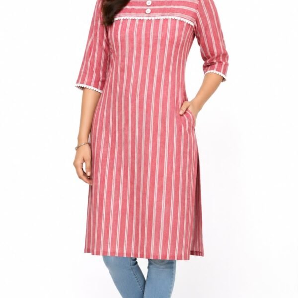 Crimson Red Striped Cotton Kurti with Lace Trim