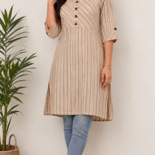 Earthy Beige Striped Cotton A-Line Kurti