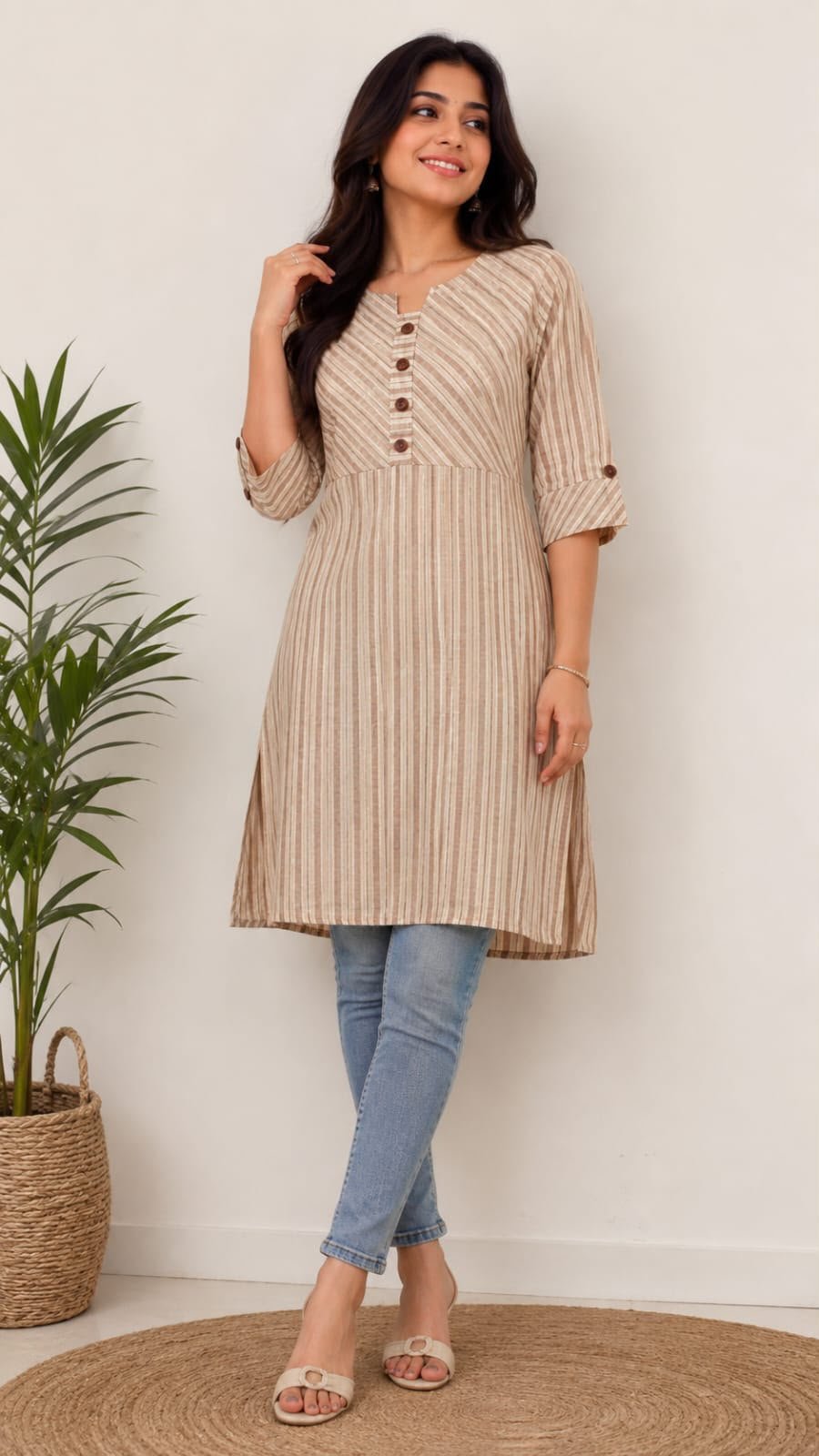Earthy Beige Striped Cotton A-Line Kurti