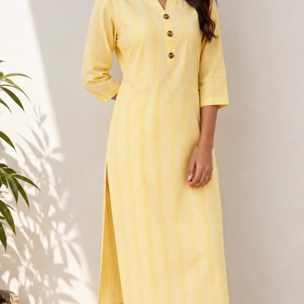 Pastel Yellow Subtle Stripe Cotton Straight Kurti