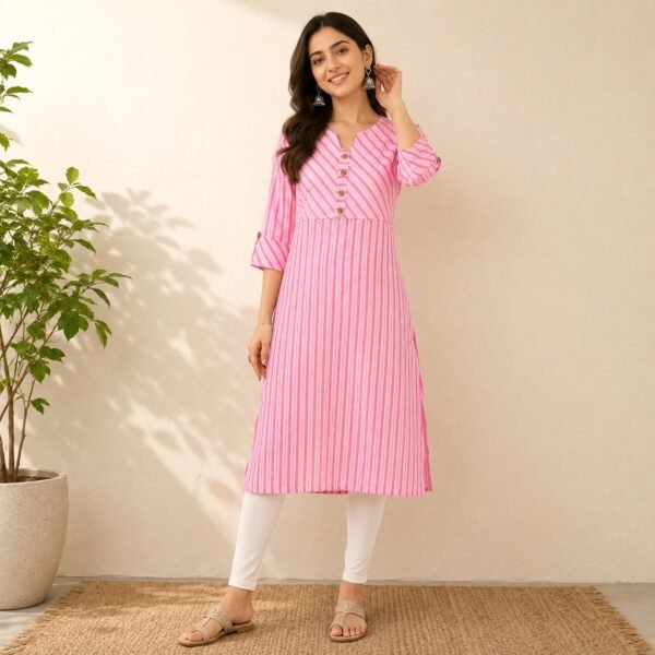 Pink Striped Cotton Straight Kurti with Diagonal Yoke