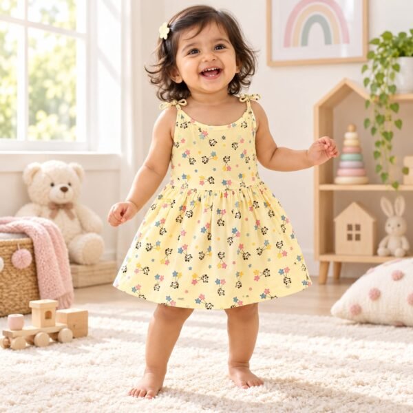 Adorable Panda Star Tie-Strap Dress – Yellow