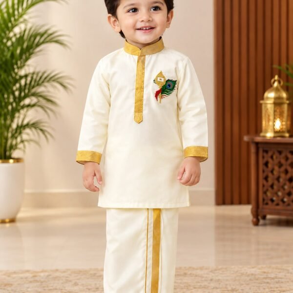 Boys' Traditional Cream Kurta and Dhoti Set with Vel Motif