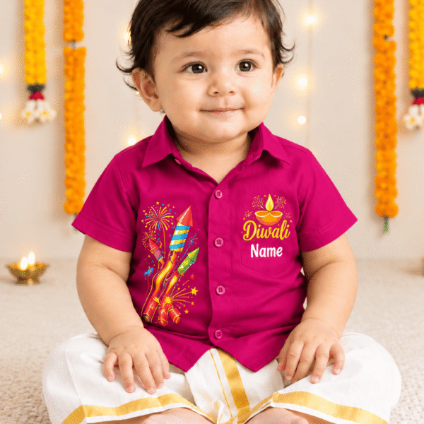Personalized Kids Diwali Shirt & Dhoti Set – Custom Name & Fireworks Design - Wholesale