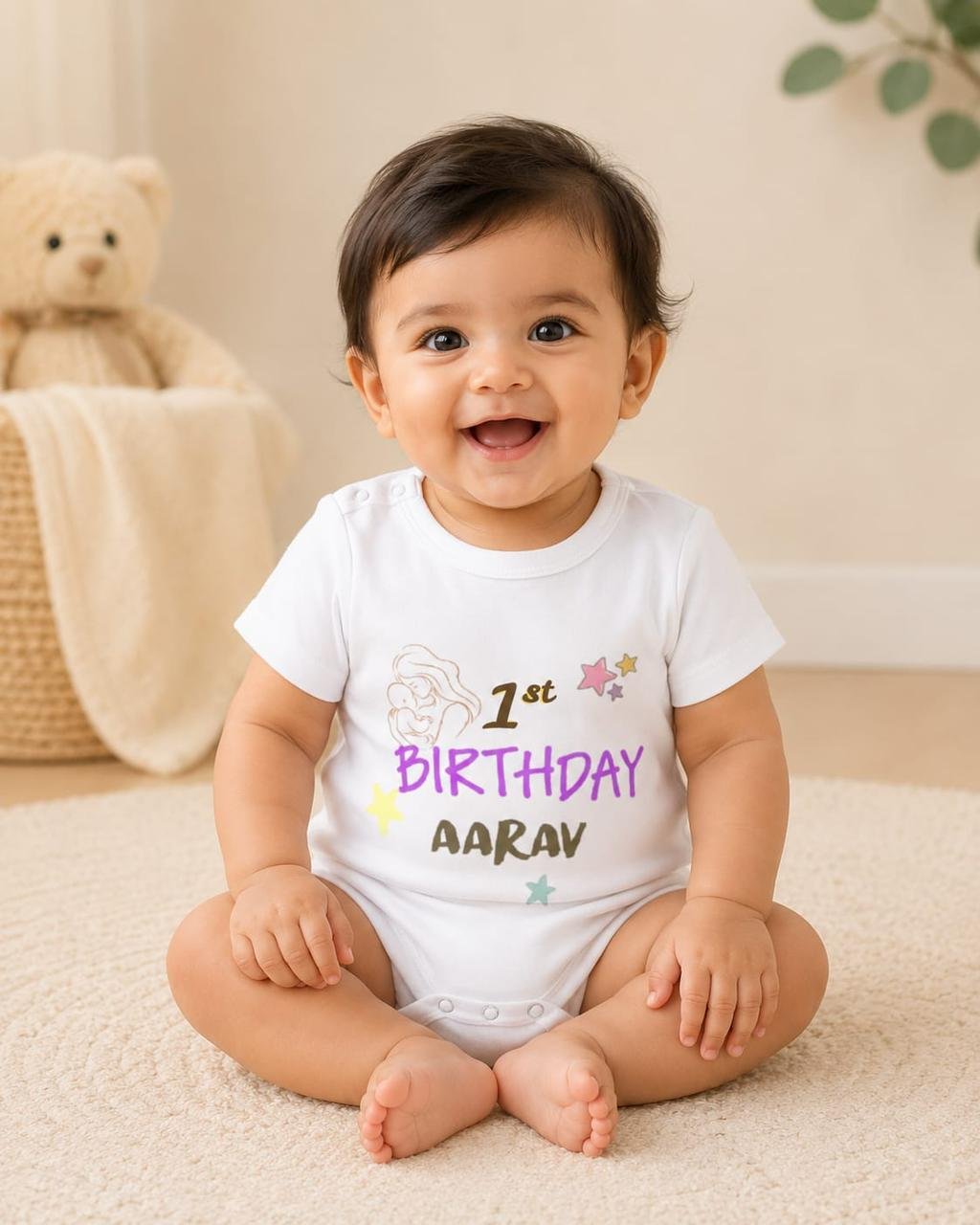 Personalized 1st Birthday Custom Name Baby Bodysuit – white