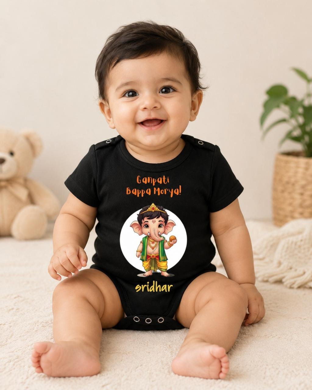 Personalized Lord Ganesh Custom Name Baby Bodysuit black