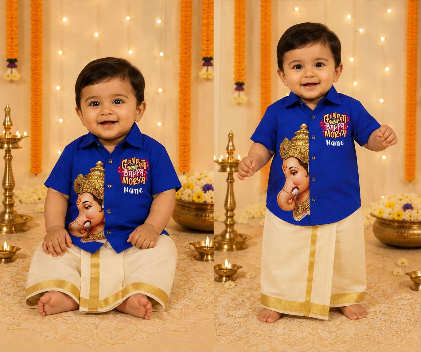 Personalized Lord Ganesha Profile Ethnic Shirt and Dhoti Set navy cloth
