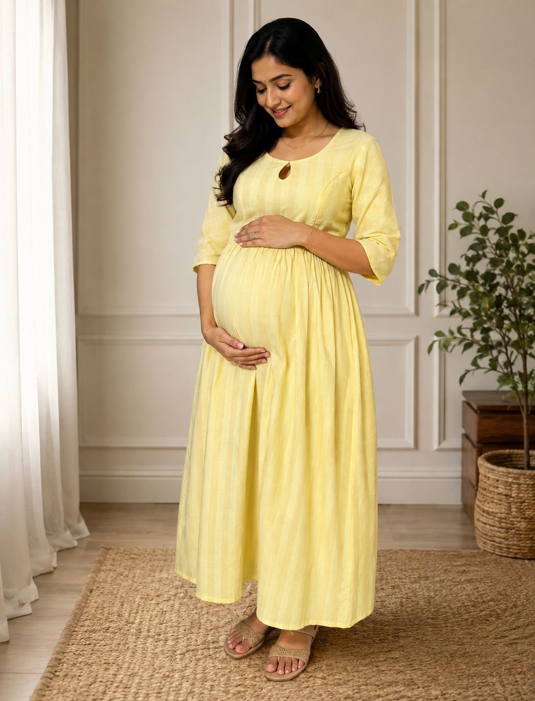 Yellow Maternity and Nursing Dress with Concealed Zippers d
