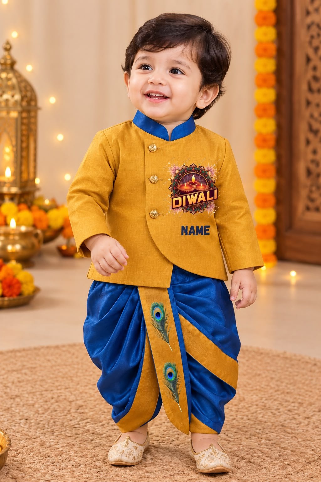 Personalized First Diwali Yellow Blue Asymmetric Kurta Dhoti Set for Boys 4